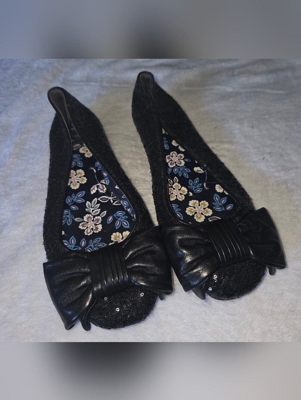 Tory Burch Divine Black Sequin Bow Ballet Flats with Floral Insole